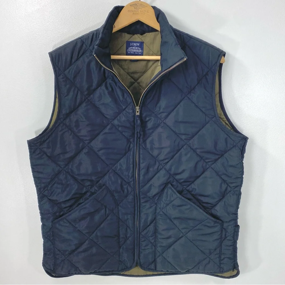 J. Crew Authentic Outerwear New York NY Black Olive Green Quilted Zip Up Vest M